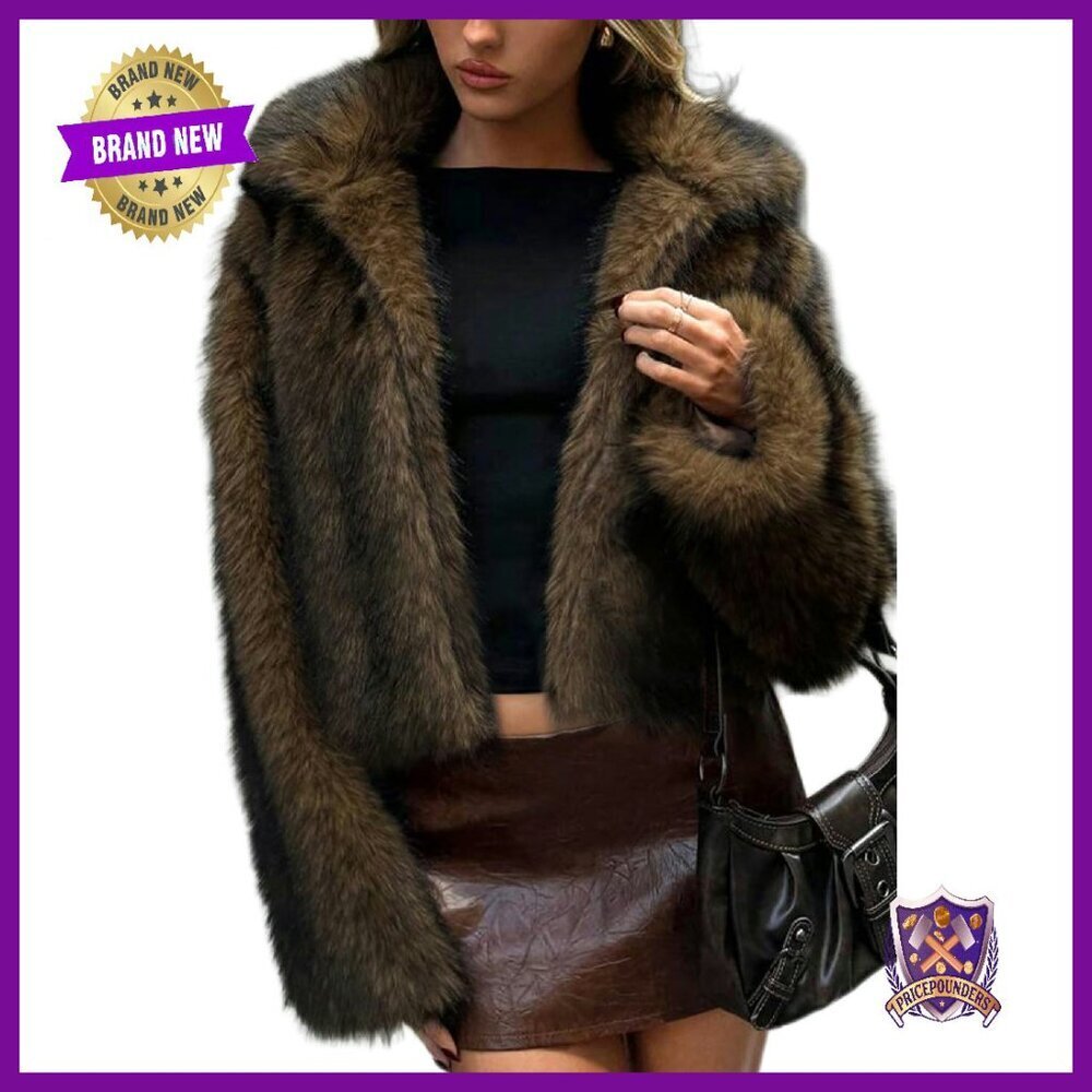 Women's Faux Fur Coat Winter Jacket Lapel Collar Pockets Warm
